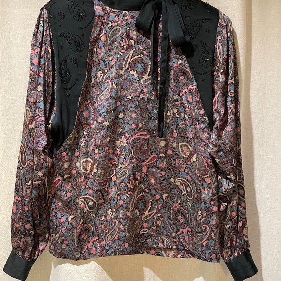 Evening 80s 💯silk blouse from Mercedes & Adrienne paisley beaded tie collar - Picture 4 of 14